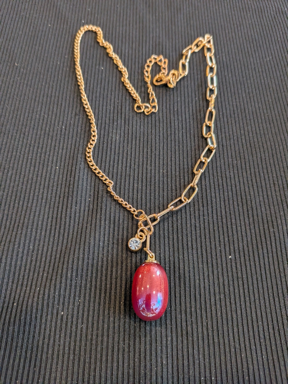 Gold Tone Chain Necklace 10.5" with Red Oval Pendant and Crystal Accent